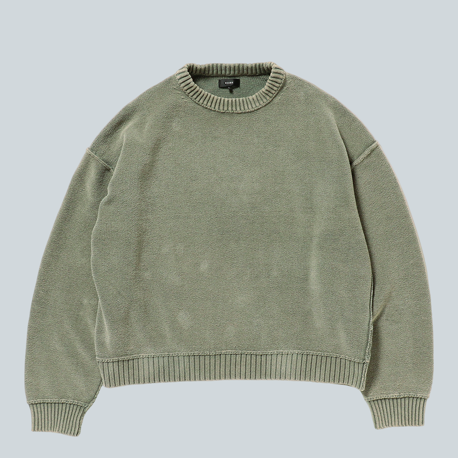 BEAMS 5 GAUGE GARMENT DYE COTTON CREW NECK - OLIVE image 0
