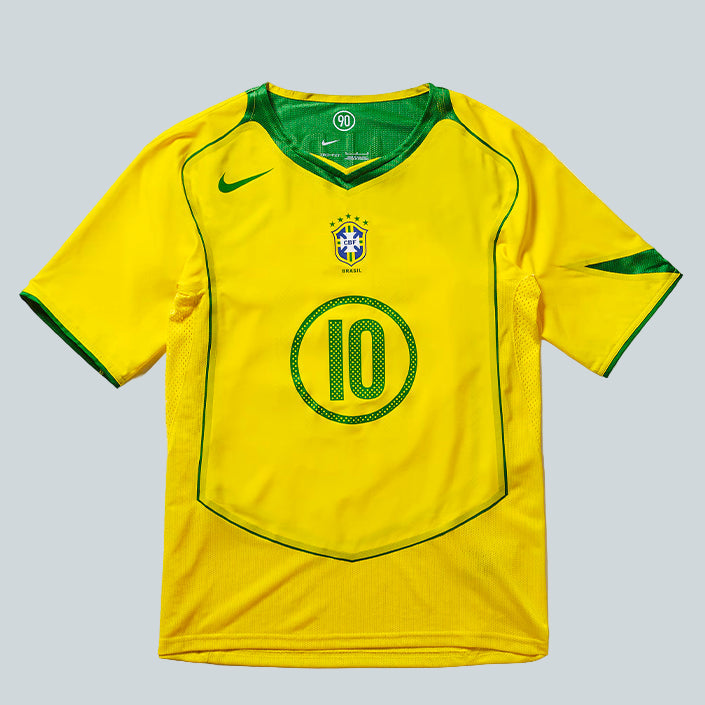 NIKE BRAZIL 2004 RE-ISSUE JERSEY WITH RONALDINHO 10 - YELLOW / GREEN image 0