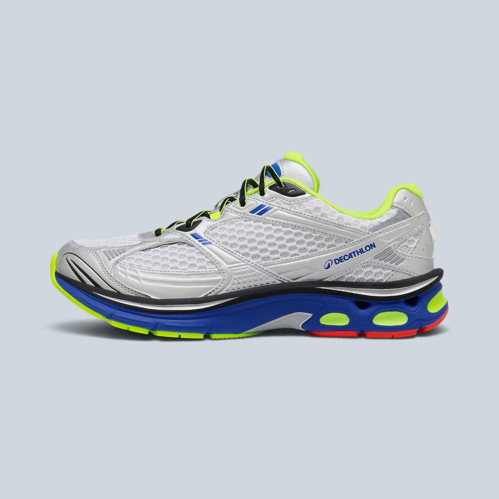 Chaussures de running Saison RR2K grises, bleues et jaune fluo avec empeigne en mesh respirant et semelle amortissante