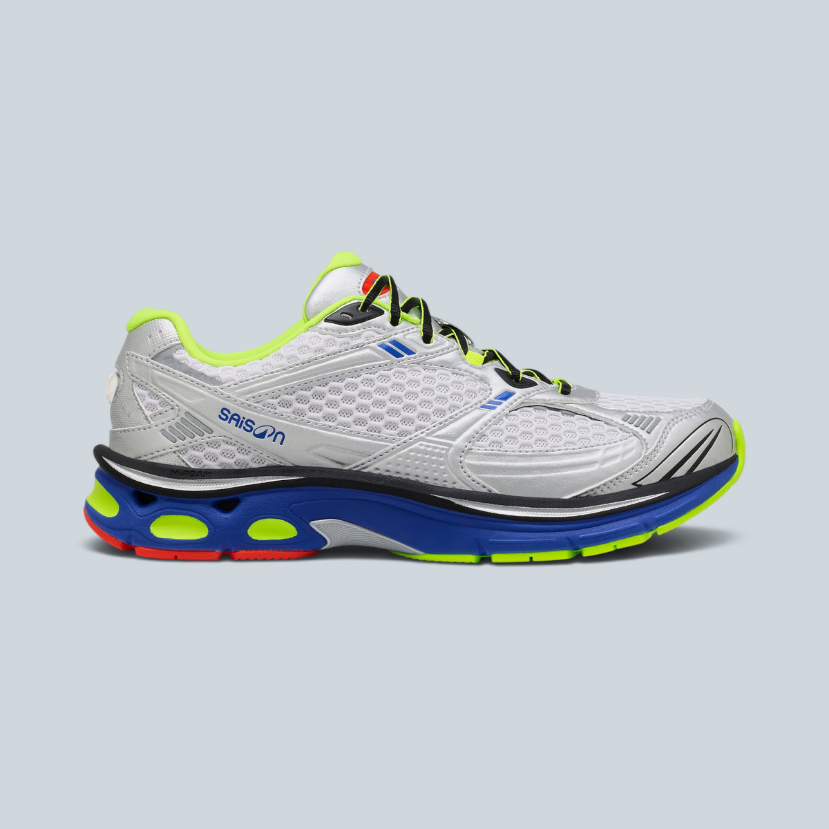 Chaussures de running Saison RR2K grises, bleues et jaune fluo avec empeigne en mesh respirant et semelle amortissante