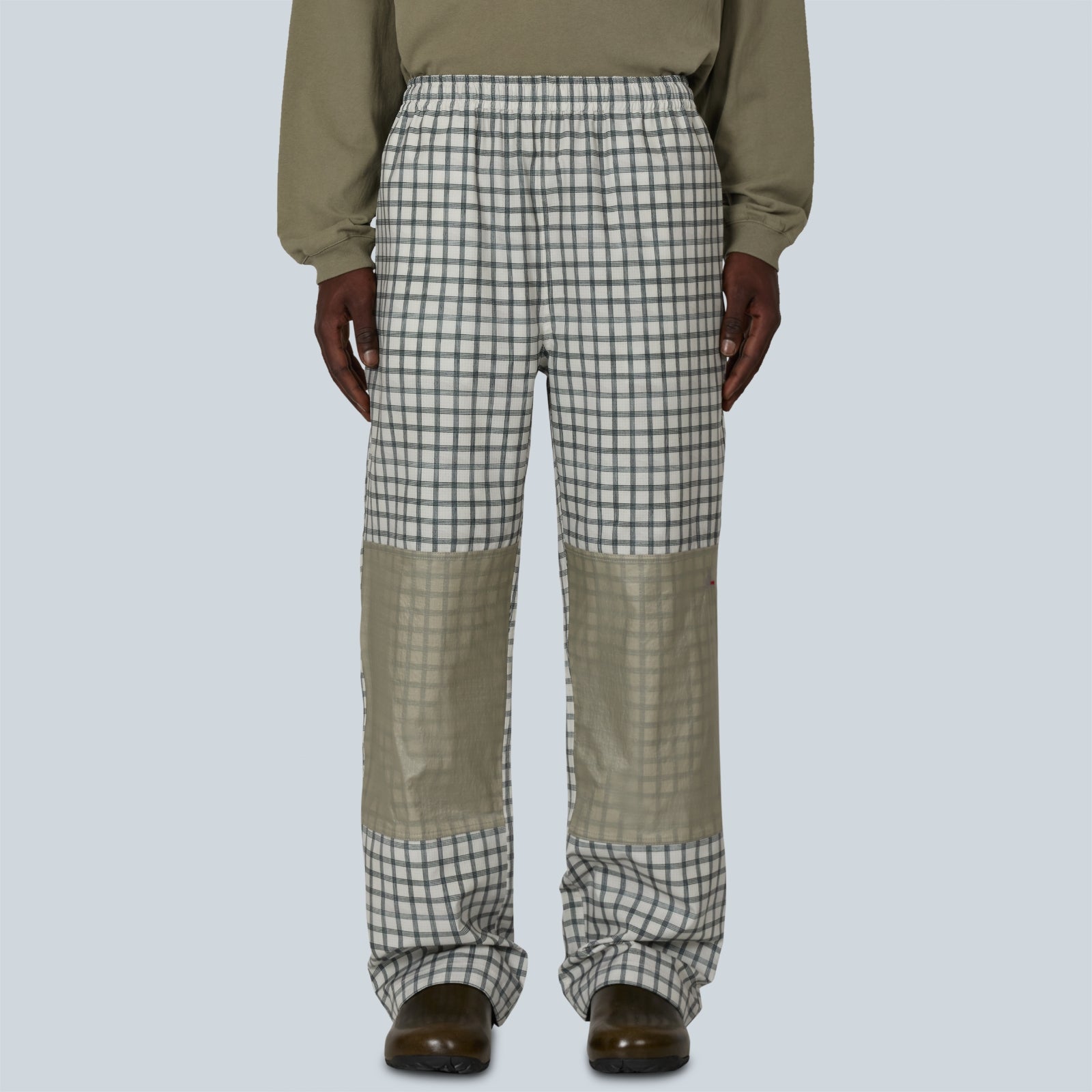 AAIR FLOWEAVE PRINTED CHECK ELASTICATED WAISTBAND PANTS - WHITE