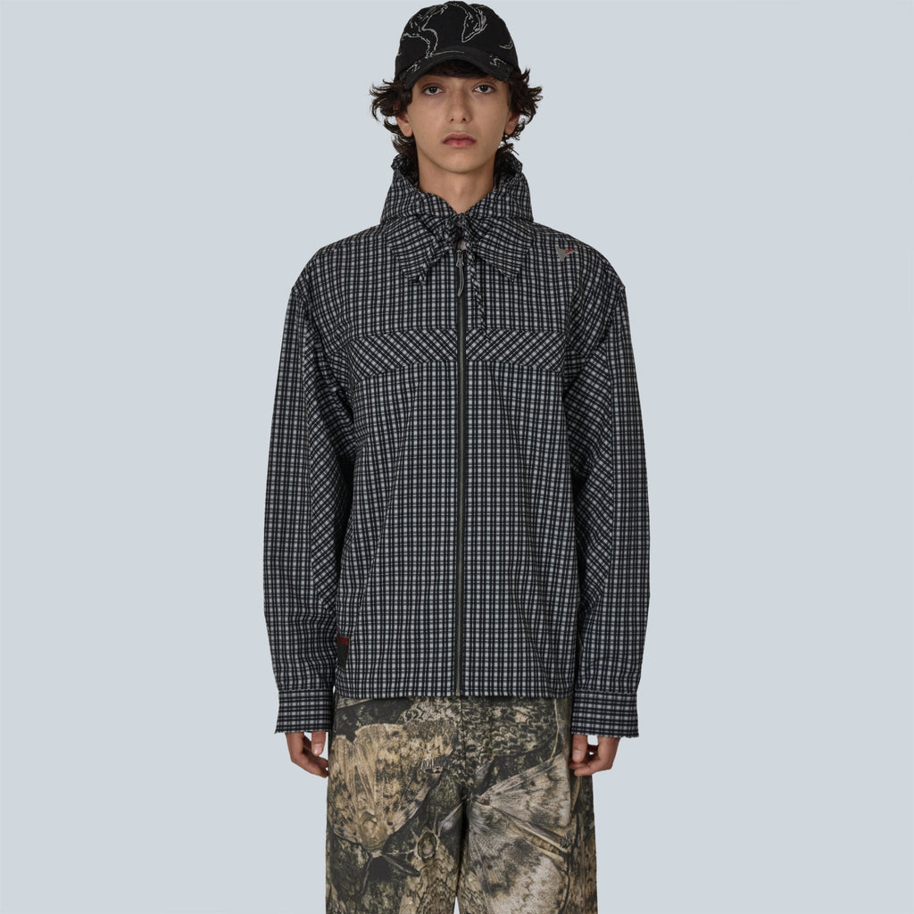 AAIR FLOWEAVE PRINTED CHECK LONG SLEEVE HOODED SHIRT - ANTHRACITE