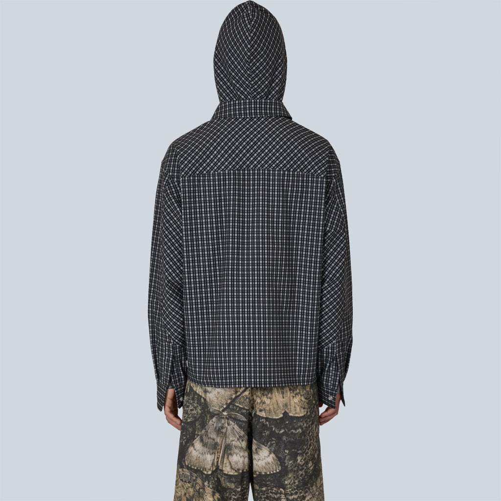 AAIR FLOWEAVE PRINTED CHECK LONG SLEEVE HOODED SHIRT - ANTHRACITE