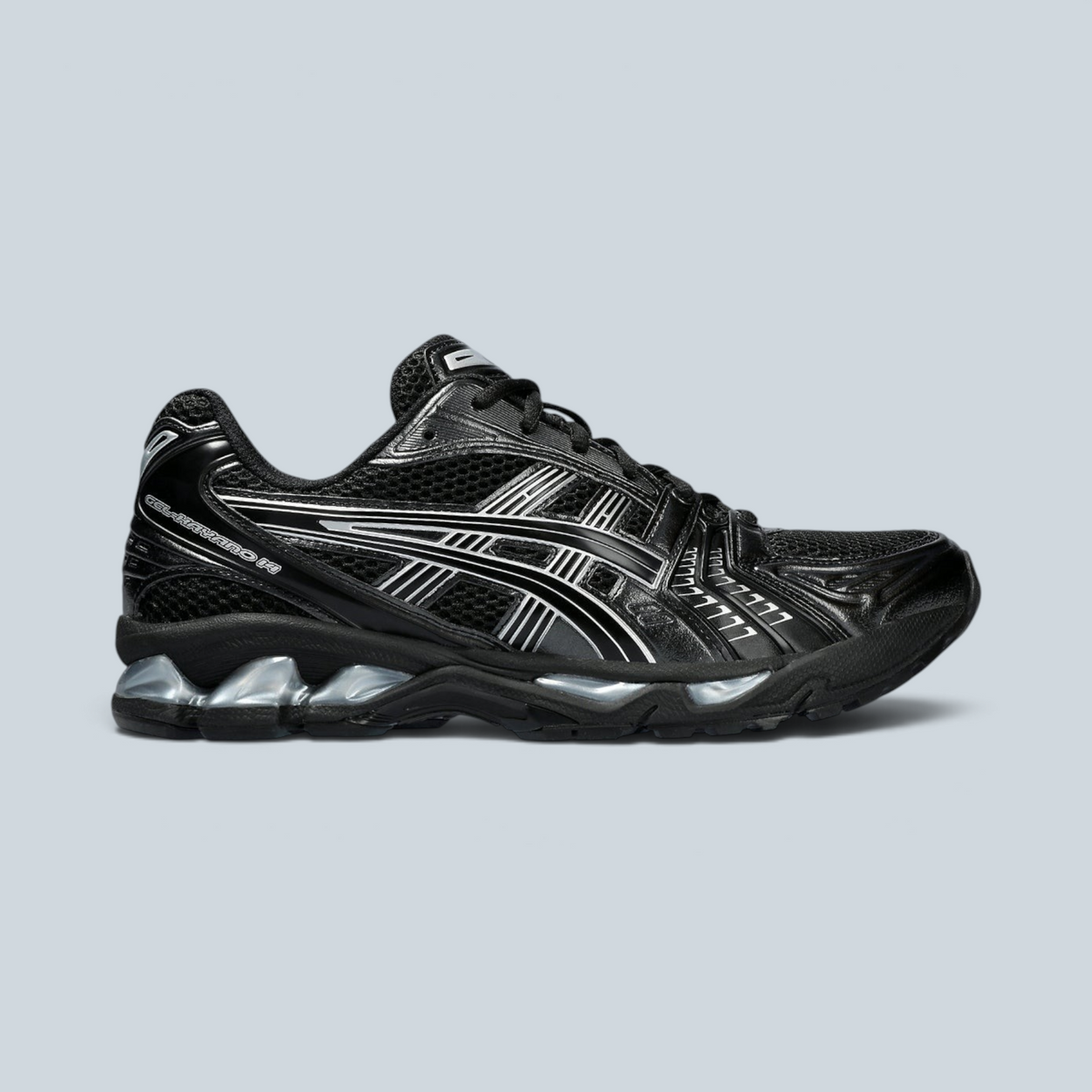 Baskets Asics Gel Kayano 14 Saison en noir et argent, design technique en mesh et détails métalliques