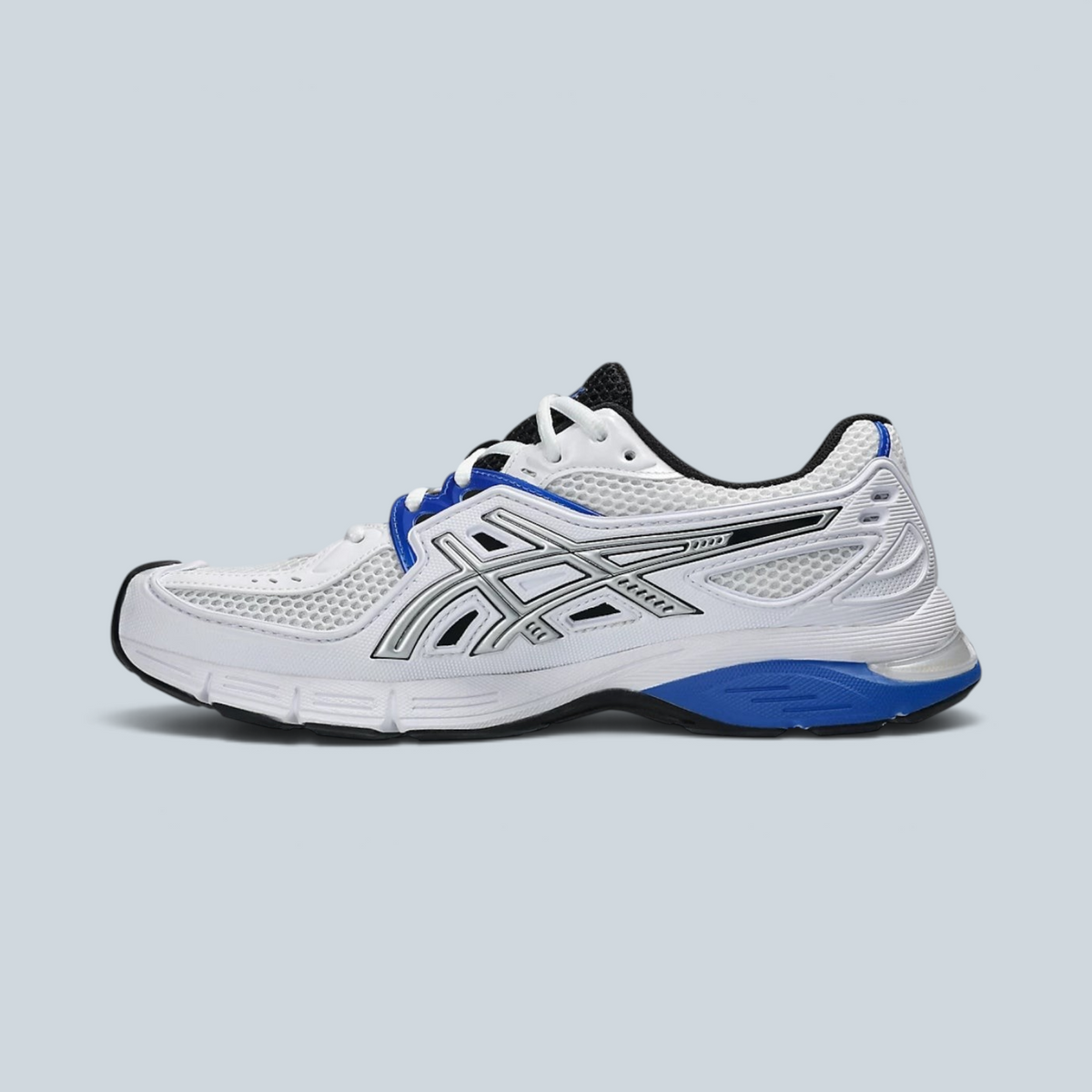 Baskets Saison Asics Gel SD Lyte blanches et noires avec détails bleus et maille respirante