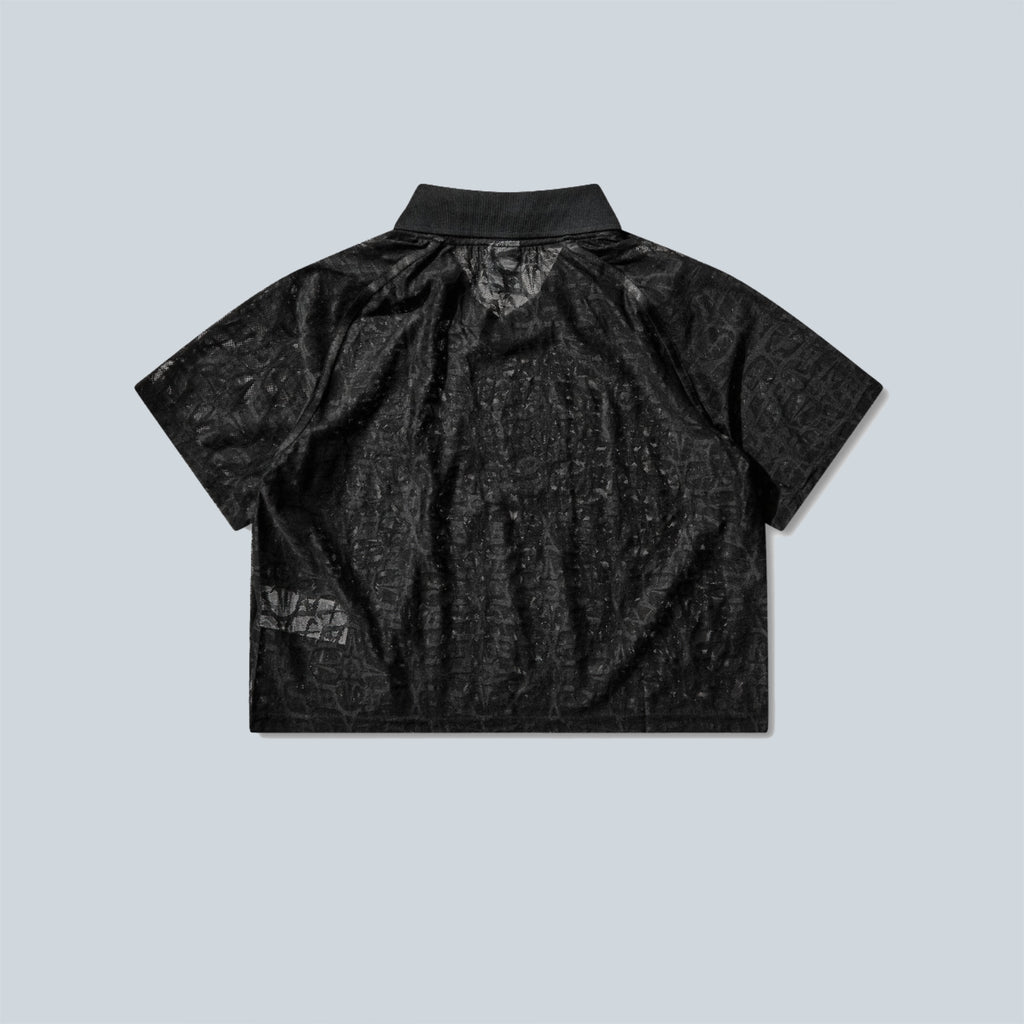 LOOSE LACE POLO JERSEY TOP - BLACK