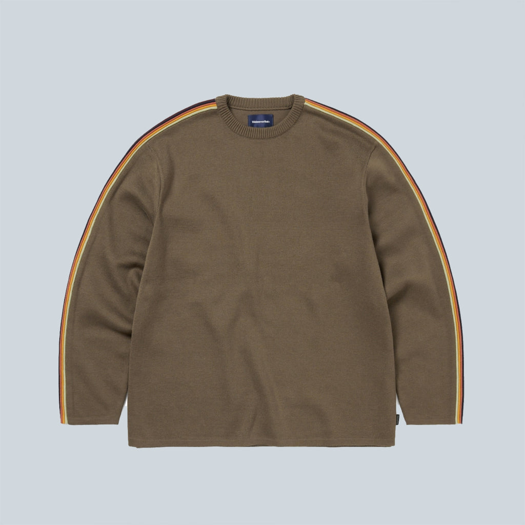 STRIPED SLEEVE KNIT CREW - BROWN
