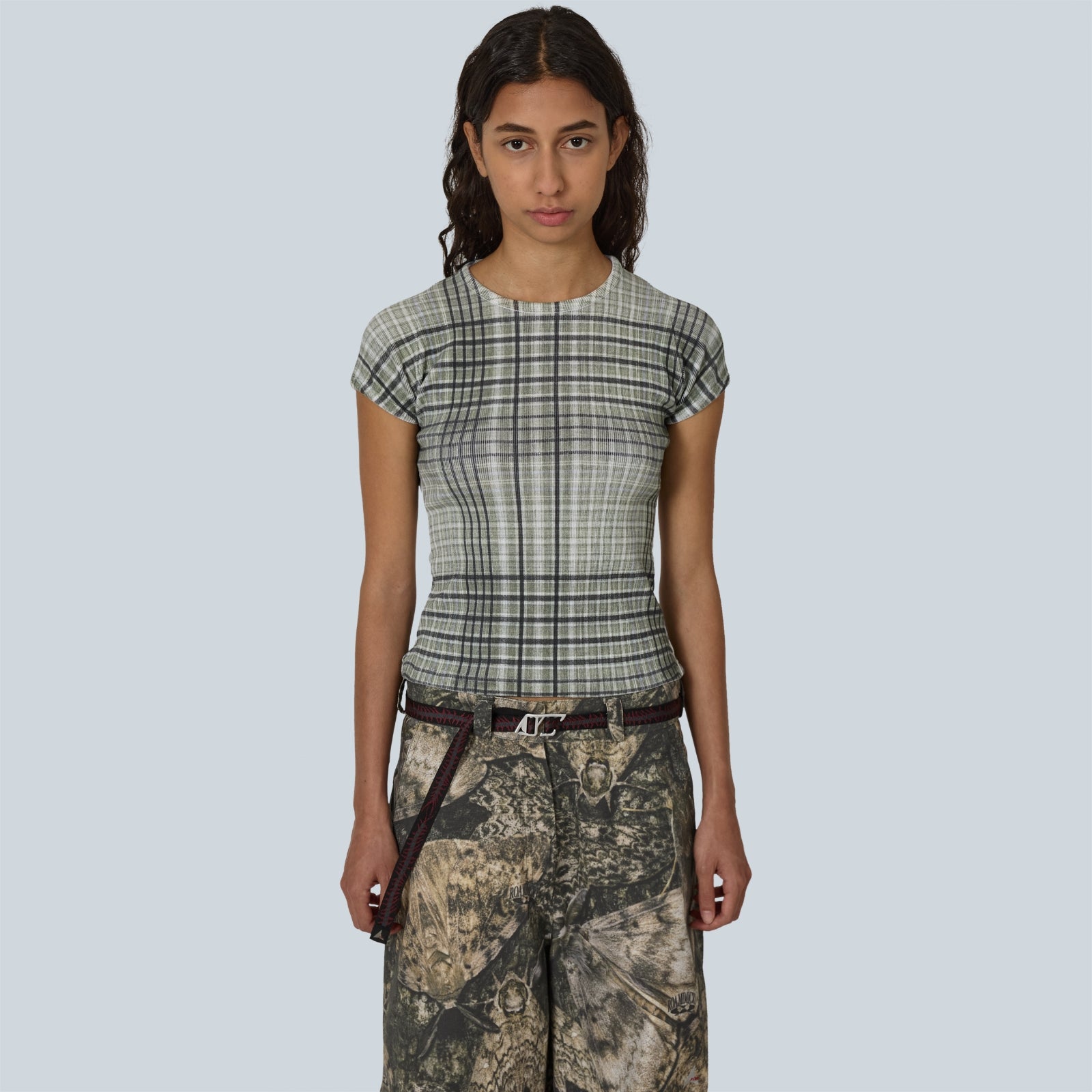 TABA PRINTED CHECK BABY TEE - SAGE GREEN