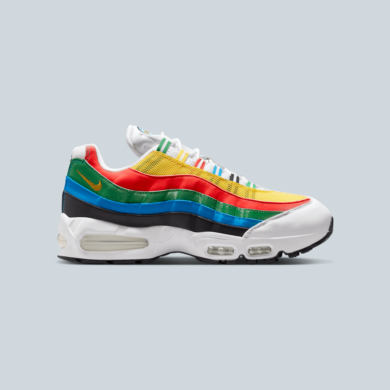 Basket Nike Air Max 95 Big Bubble Olympics coloris blanc et bleu avec dégradé latéral emblématique.