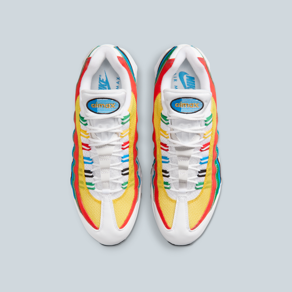 Vue du dessus de la Air Max 95 Olympics montrant le laçage à passants et les détails de la languette.