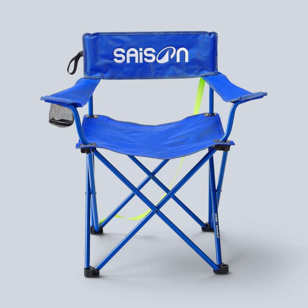 Chaise pliante de camping bleue Saison avec porte-gobelet et structure en métal robuste