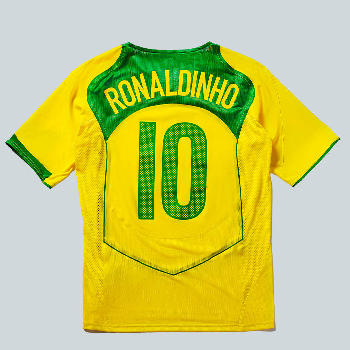 NIKE BRAZIL 2004 RE-ISSUE JERSEY WITH RONALDINHO 10 - YELLOW / GREEN image 1