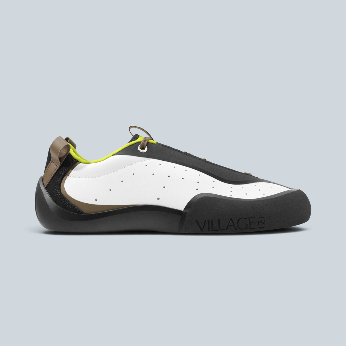 Chaussure d'escalade Saison 2PM en cuir synthétique blanc, noir et détails vert lime, vue de profil