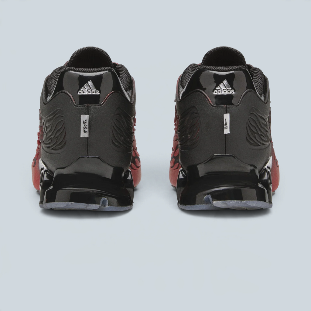 Vue arrière des baskets Saison adidas Originals x Hellstar Megaride S en mesh noir, blanc et rouge vif