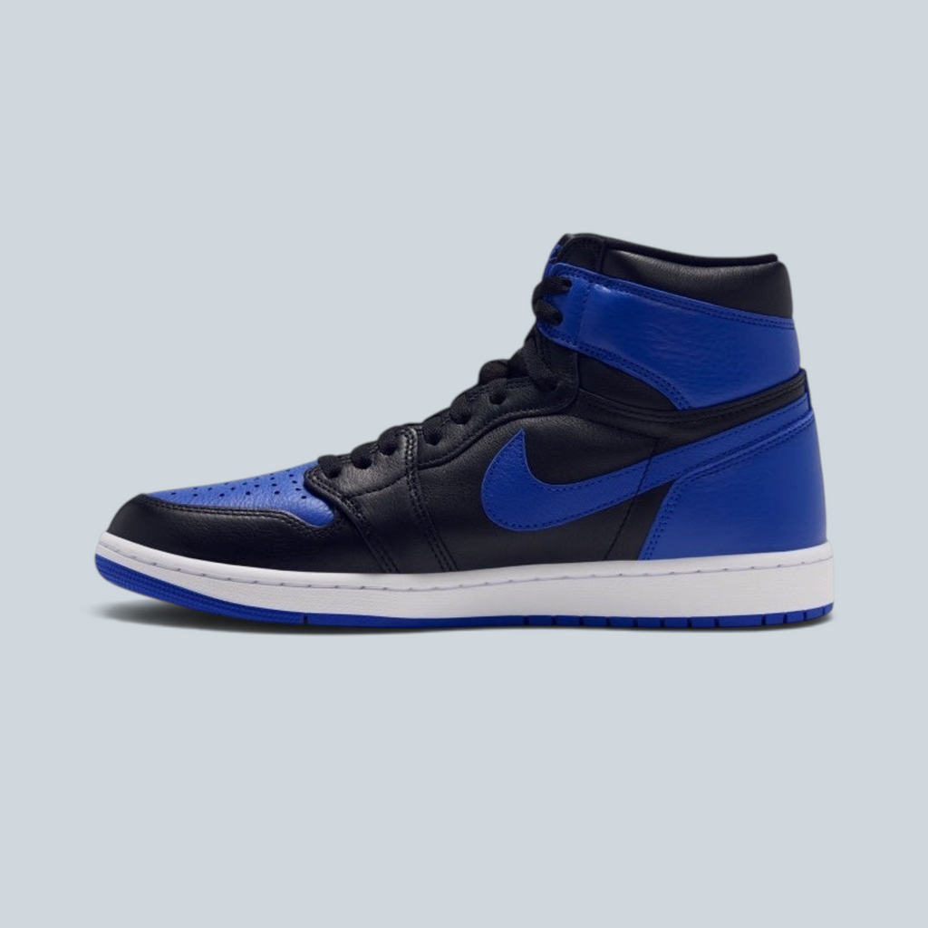 Basket Saison Air Jordan 1 High OG en cuir noir et bleu Game Royal avec semelle blanche