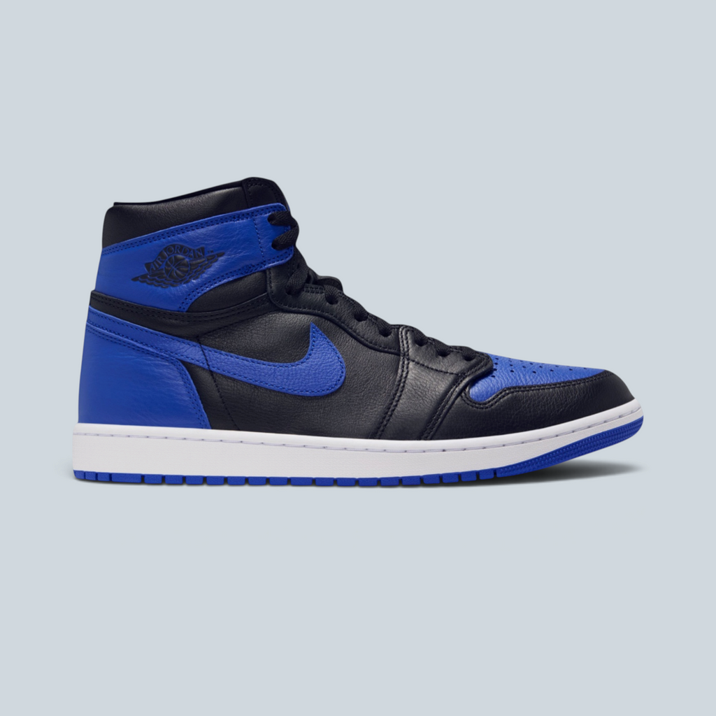 Baskets montantes Saison Air Jordan 1 High OG en cuir noir et bleu Game Royal avec semelle blanche