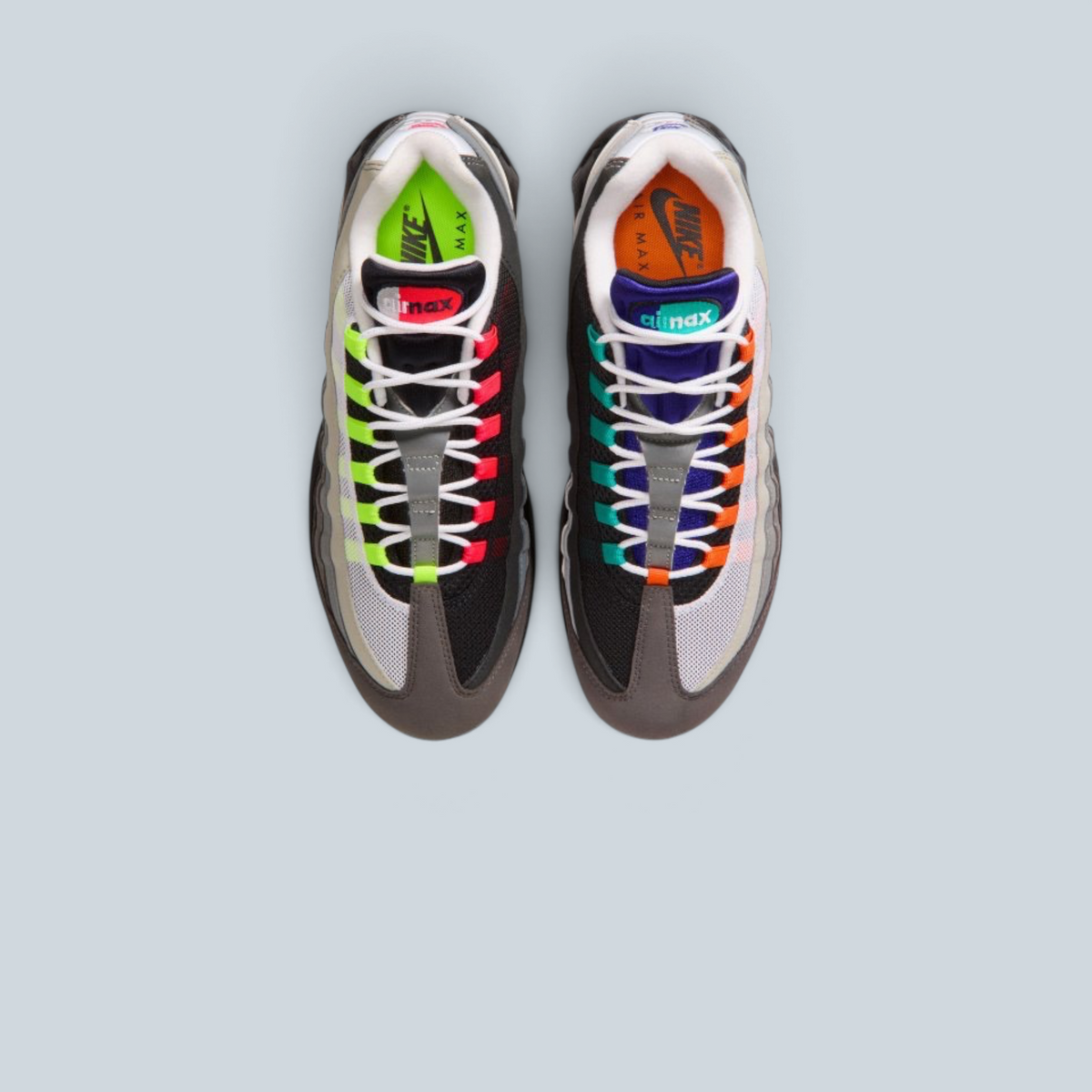 Baskets Saison Air Max 95 Greedy asymétriques en daim et mesh avec détails colorés Neon, Grape et Solar Red