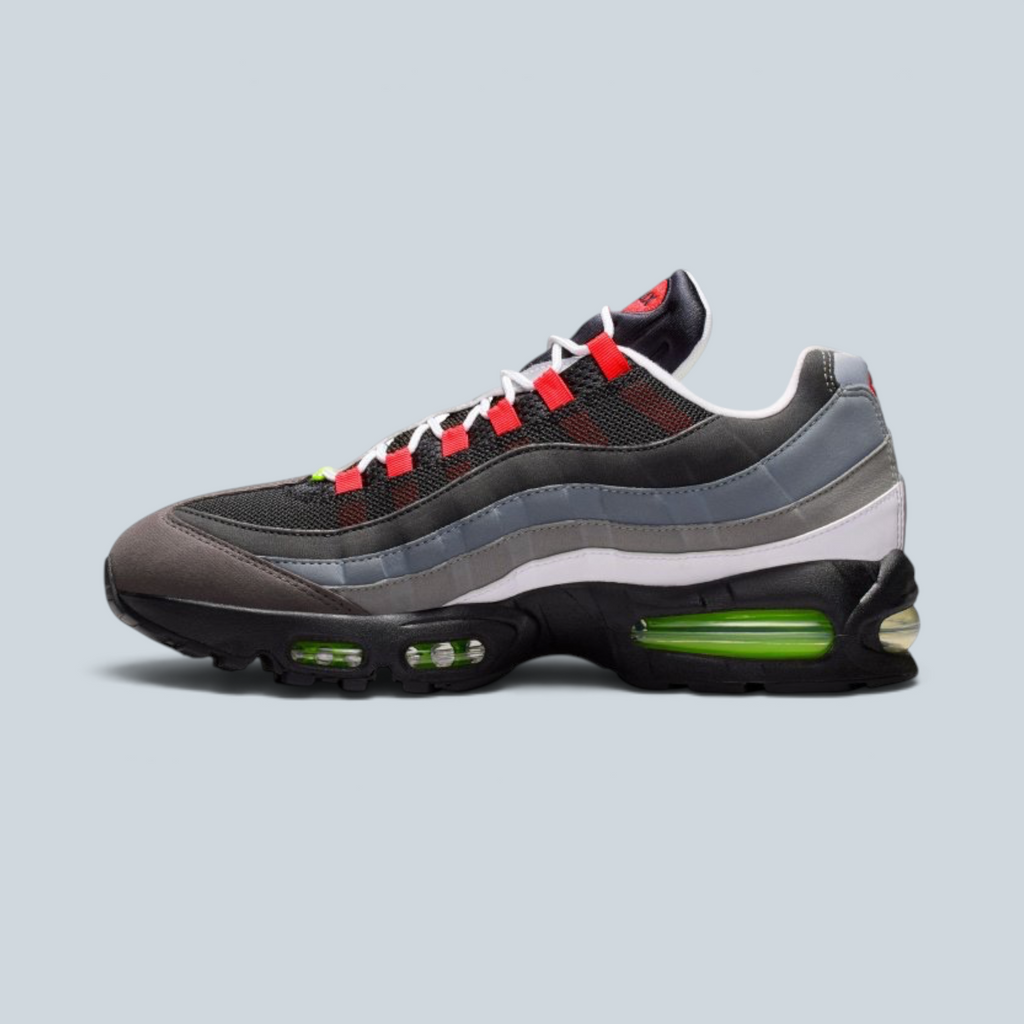 Baskets Saison Air Max 95 Greedy en daim et mesh avec unité Max Air Big Bubble et détails multicolores asymétriques