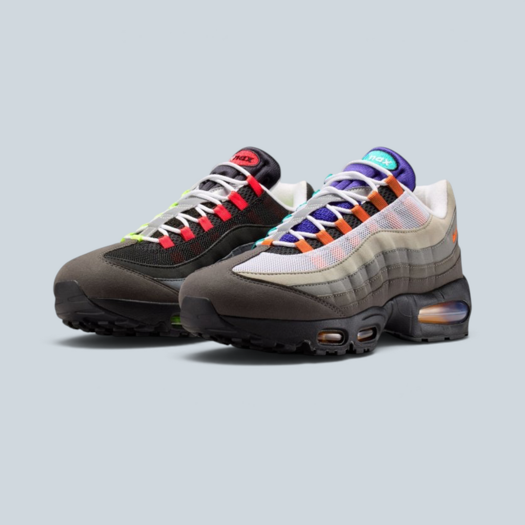 Baskets Saison Air Max 95 Greedy asymétriques en daim et mesh avec unité Big Bubble multicolore