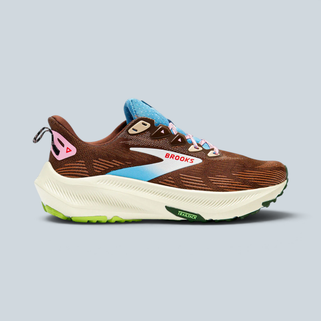 Chaussure de trail Saison Alex Zono x Brooks en mesh marron et bleu avec semelle crantée pour terrain accidenté