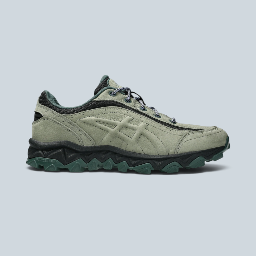Baskets Saison ASICS GEL TRANSCEND FJ en cuir vert cendré et gris graphite avec semelle crantée robuste
