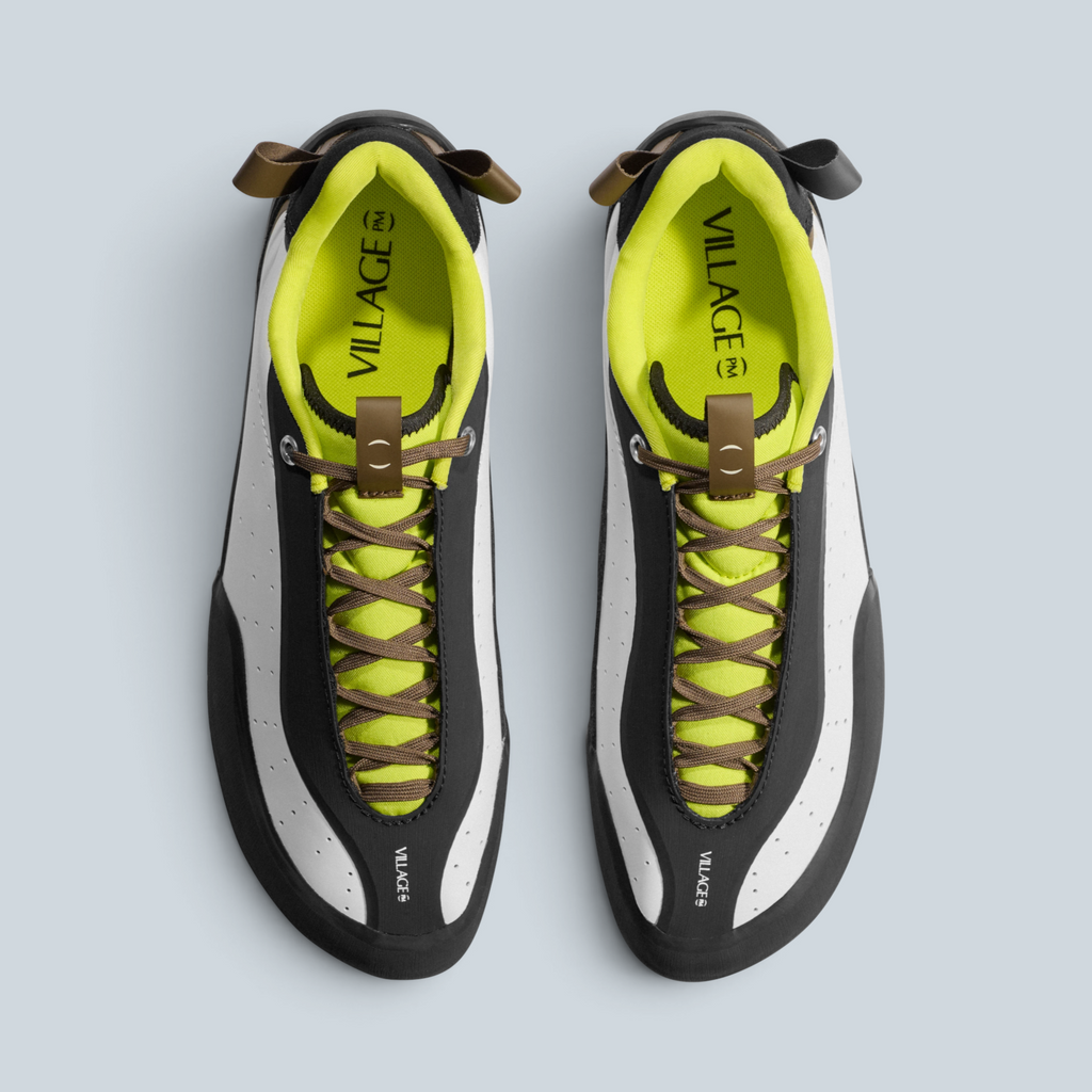 Baskets basses Saison 2PM en cuir synthétique blanc, noir et vert lime avec lacets marron, vue de dessus