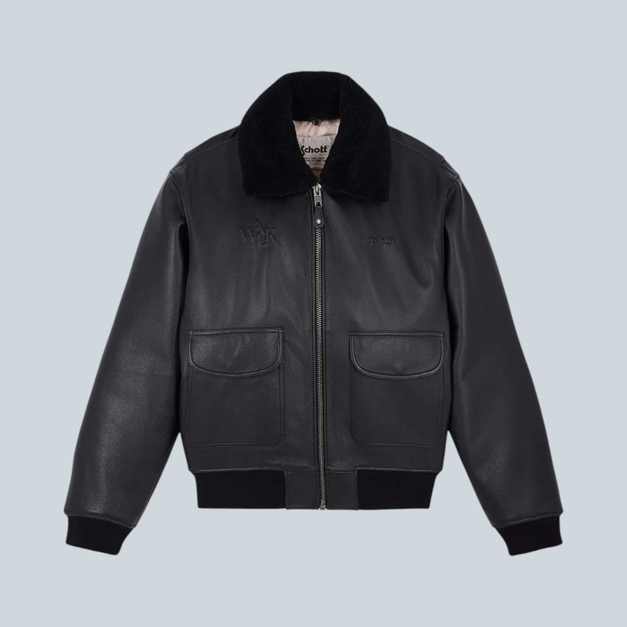 Blouson aviateur Saison en cuir de vache noir avec col en fourrure de mouton et doublure en satin