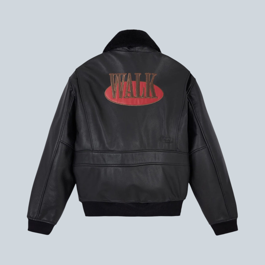 Blouson aviateur noir Saison en cuir de vache avec col en fourrure et logo Walk au dos, vue arrière
