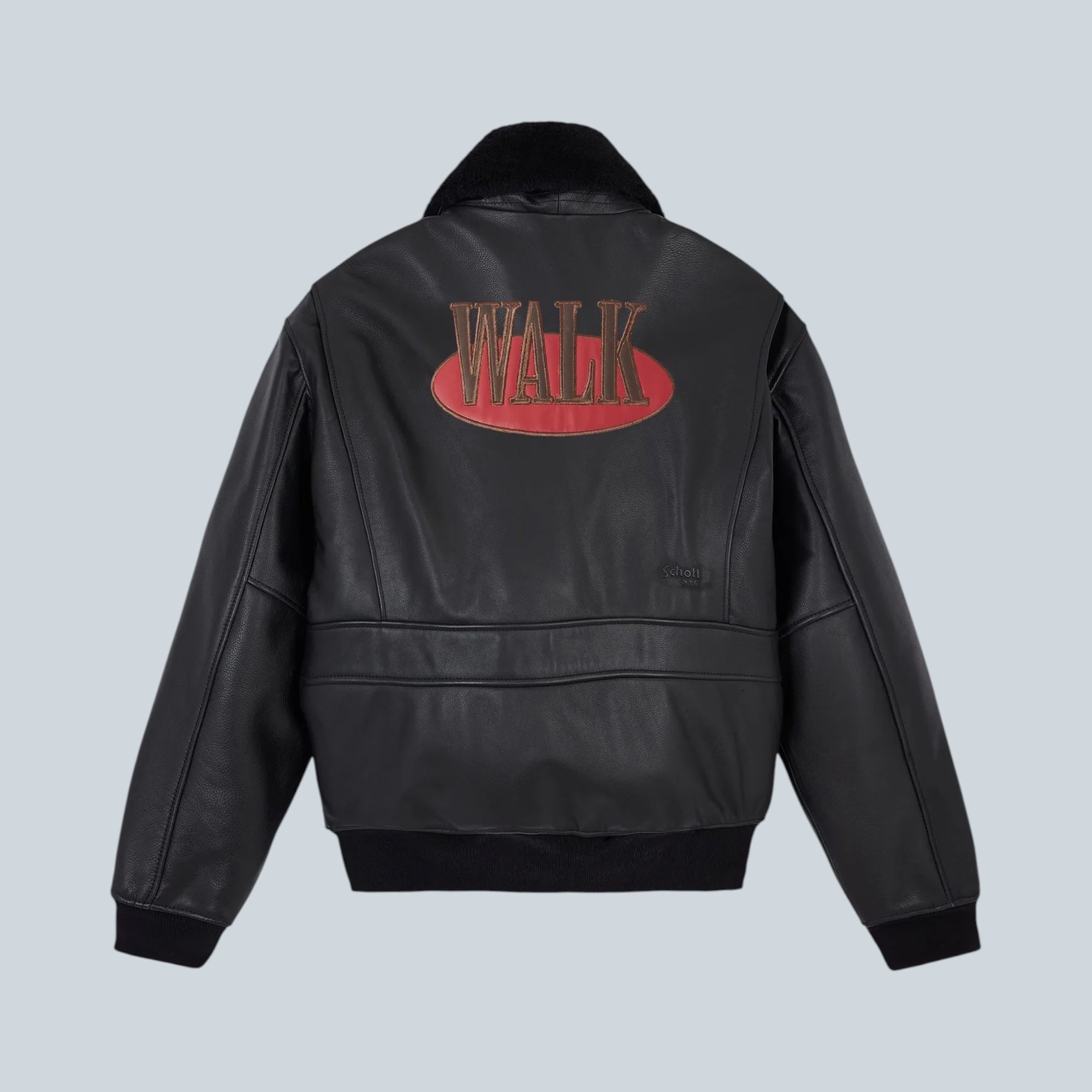 Blouson aviateur noir Saison en cuir de vache avec col en fourrure et logo Walk au dos, vue arrière