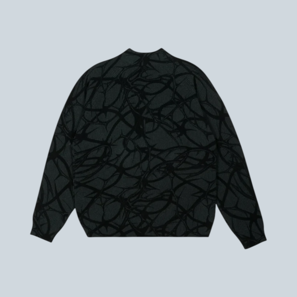 Cardigan Saison en maille côtelée gris à fines rayures, vue arrière montrant le motif texturé