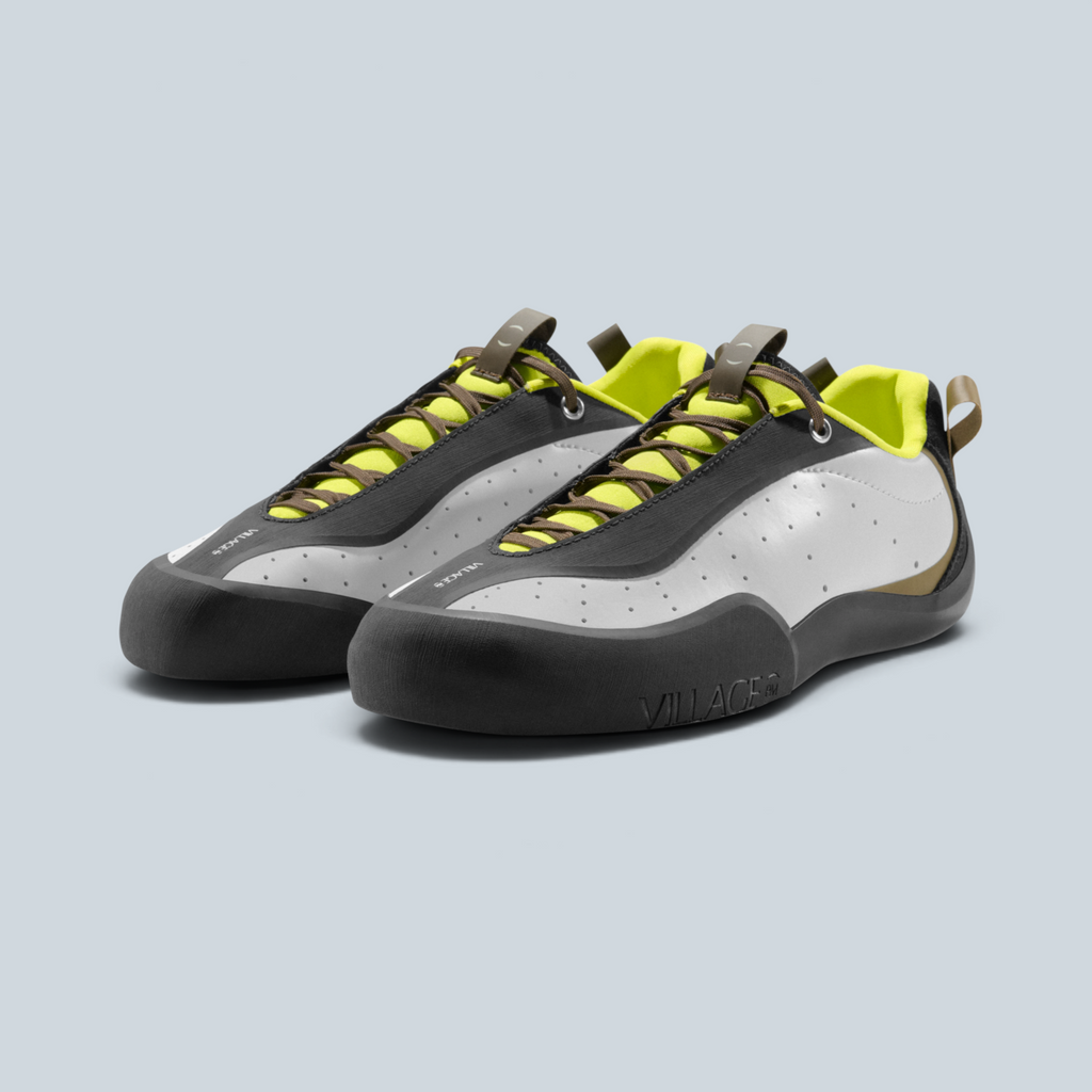 Chaussures d'escalade Saison 2PM basses en cuir synthétique blanc, noir et détails vert lime