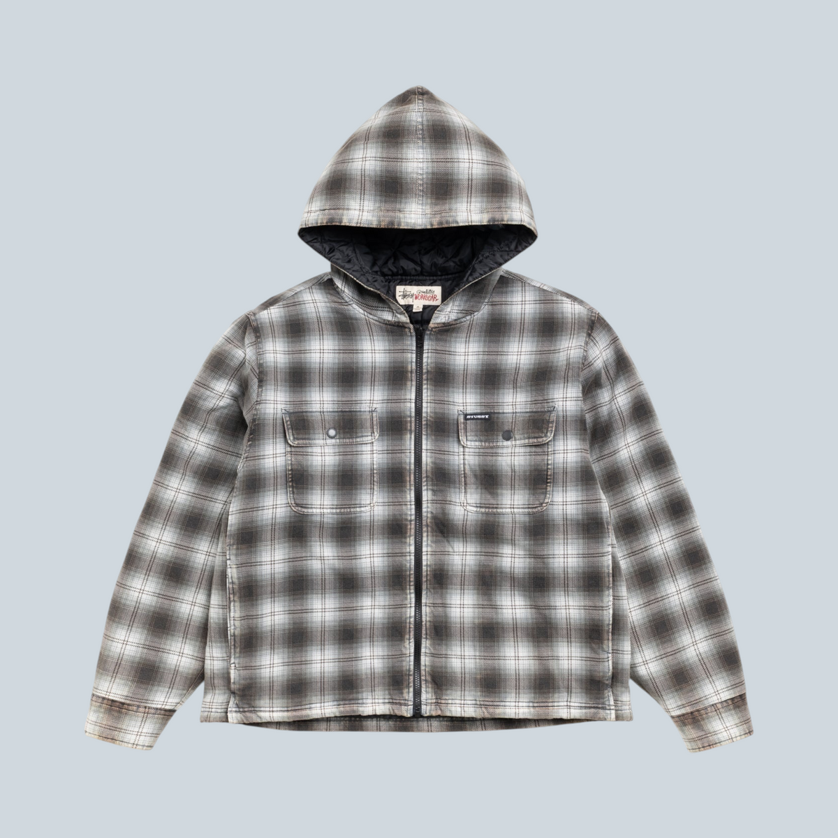 Chemise à carreaux zippée à capuche Saison Stüssy en coloris charbon avec poches poitrine