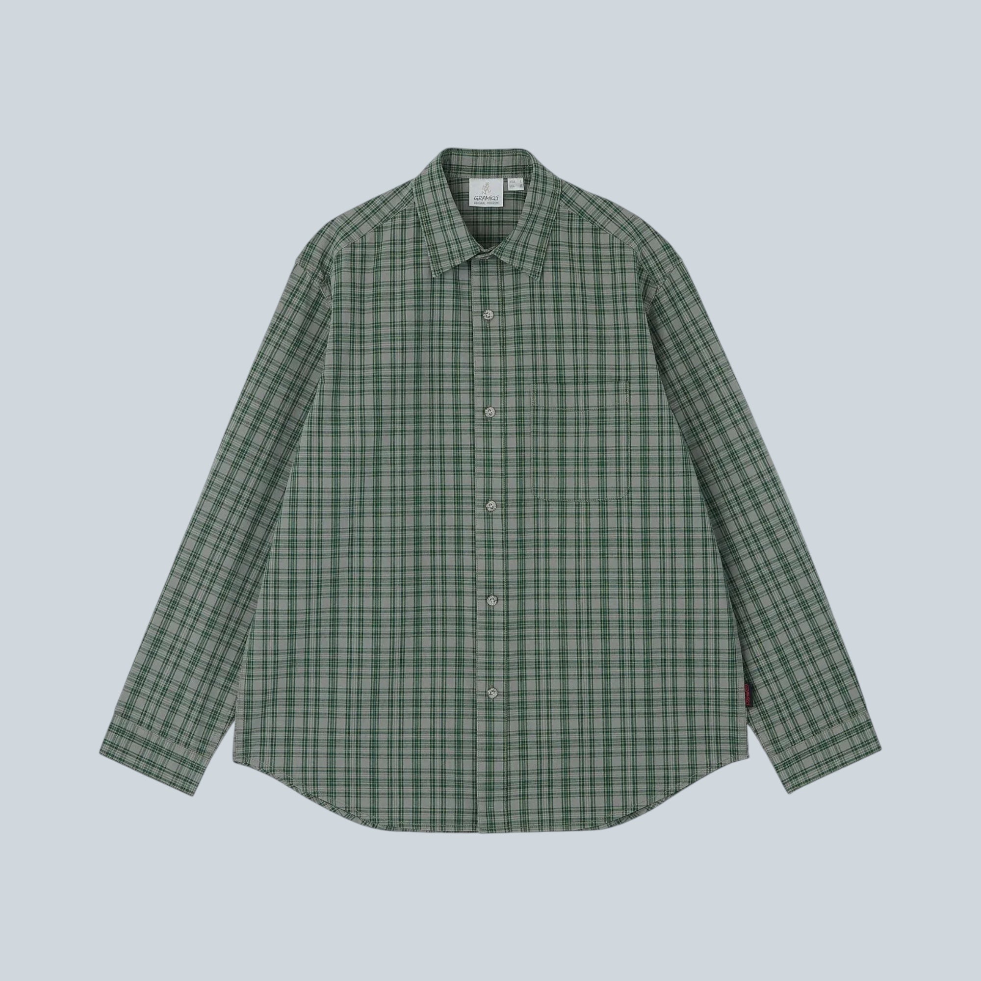 Chemise Saison en flanelle épaisse 100% coton à carreaux verts et gris, coupe classique avec poche poitrine