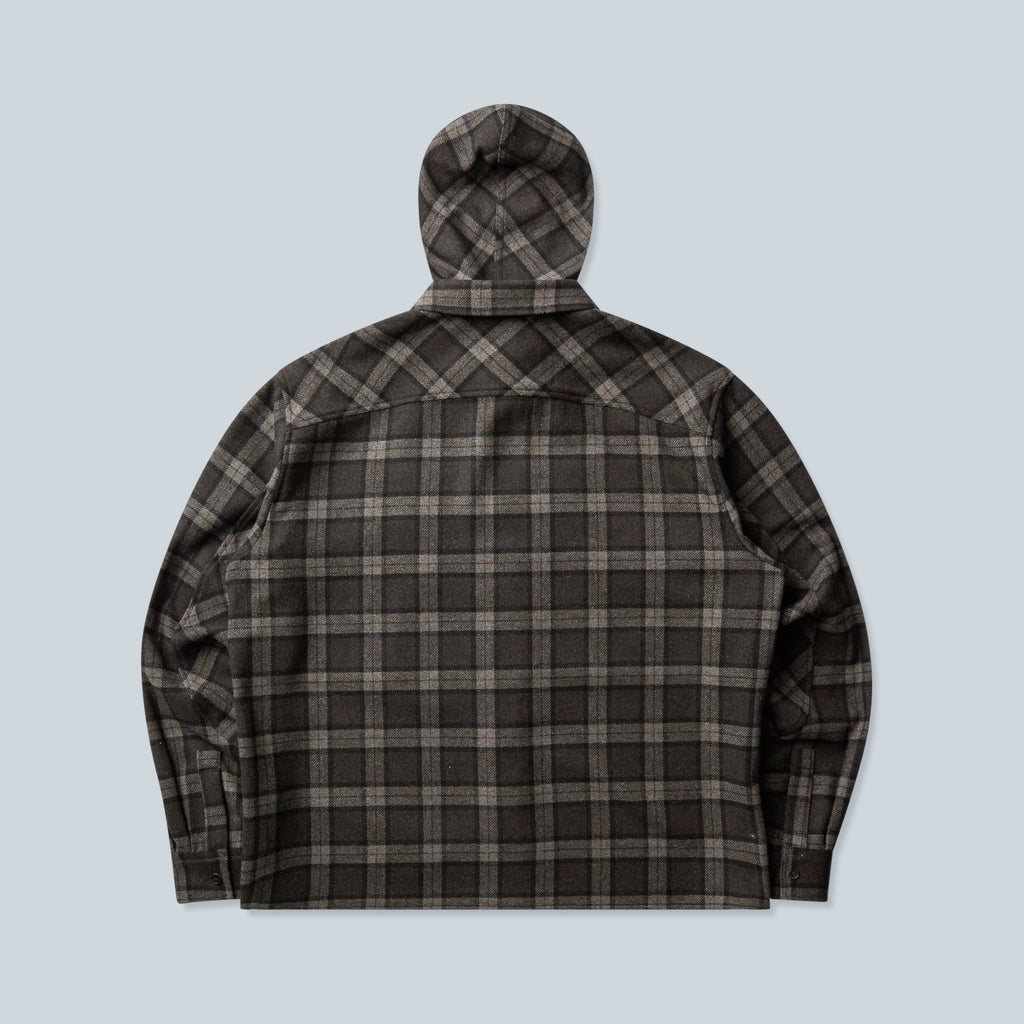 Vue arrière de la chemise à capuche Saison en mélange de laine anthracite à carreaux