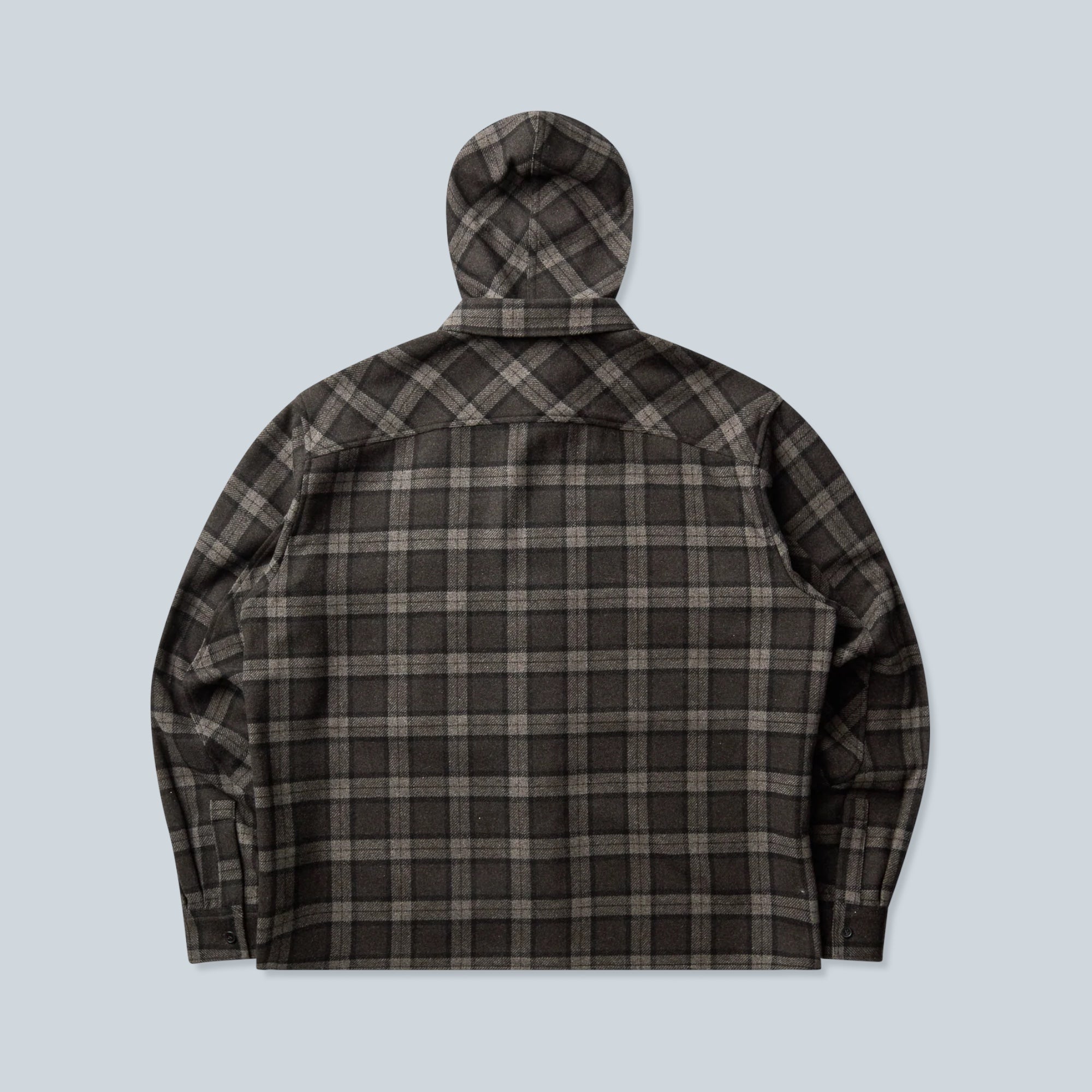 Vue arrière de la chemise à capuche Saison en mélange de laine anthracite à carreaux