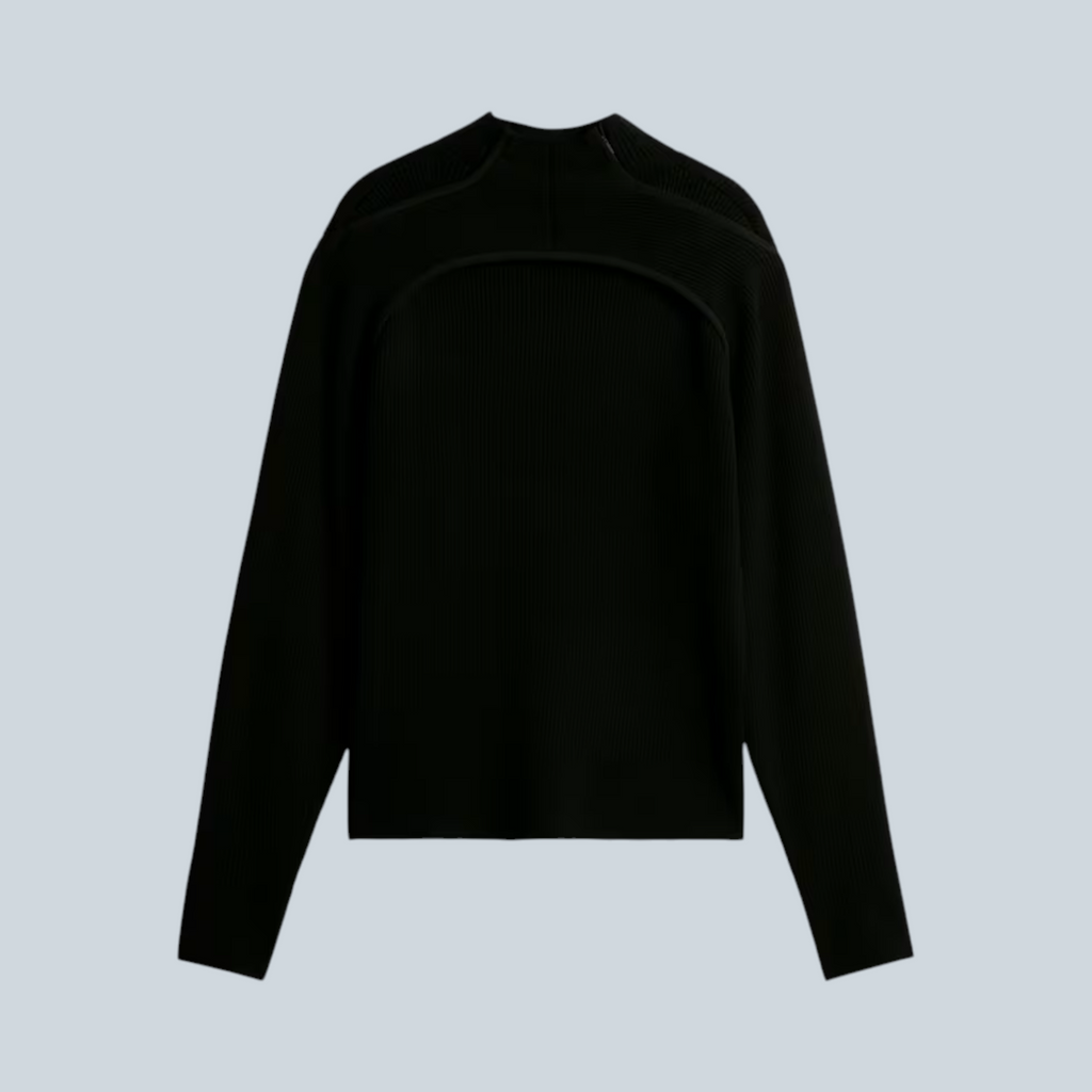 Haut en maille Saison CLRT Inky Gray à manches longues avec détails texturés, vue arrière sur fond blanc.