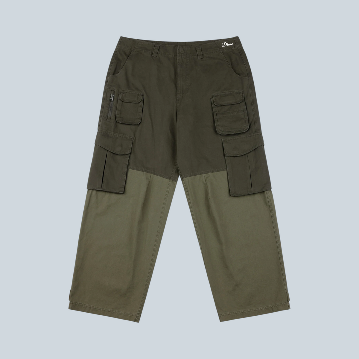 Pantalon cargo Saison Dime vert avec poches utilitaires et design bicolore