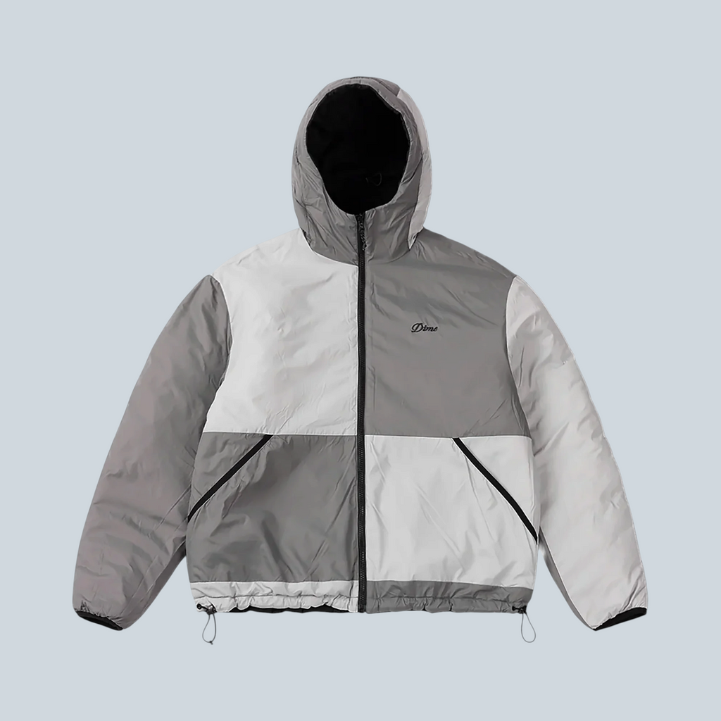 Veste isolante réversible Saison Dime noire et grise avec capuche, fermeture éclair complète et poches latérales