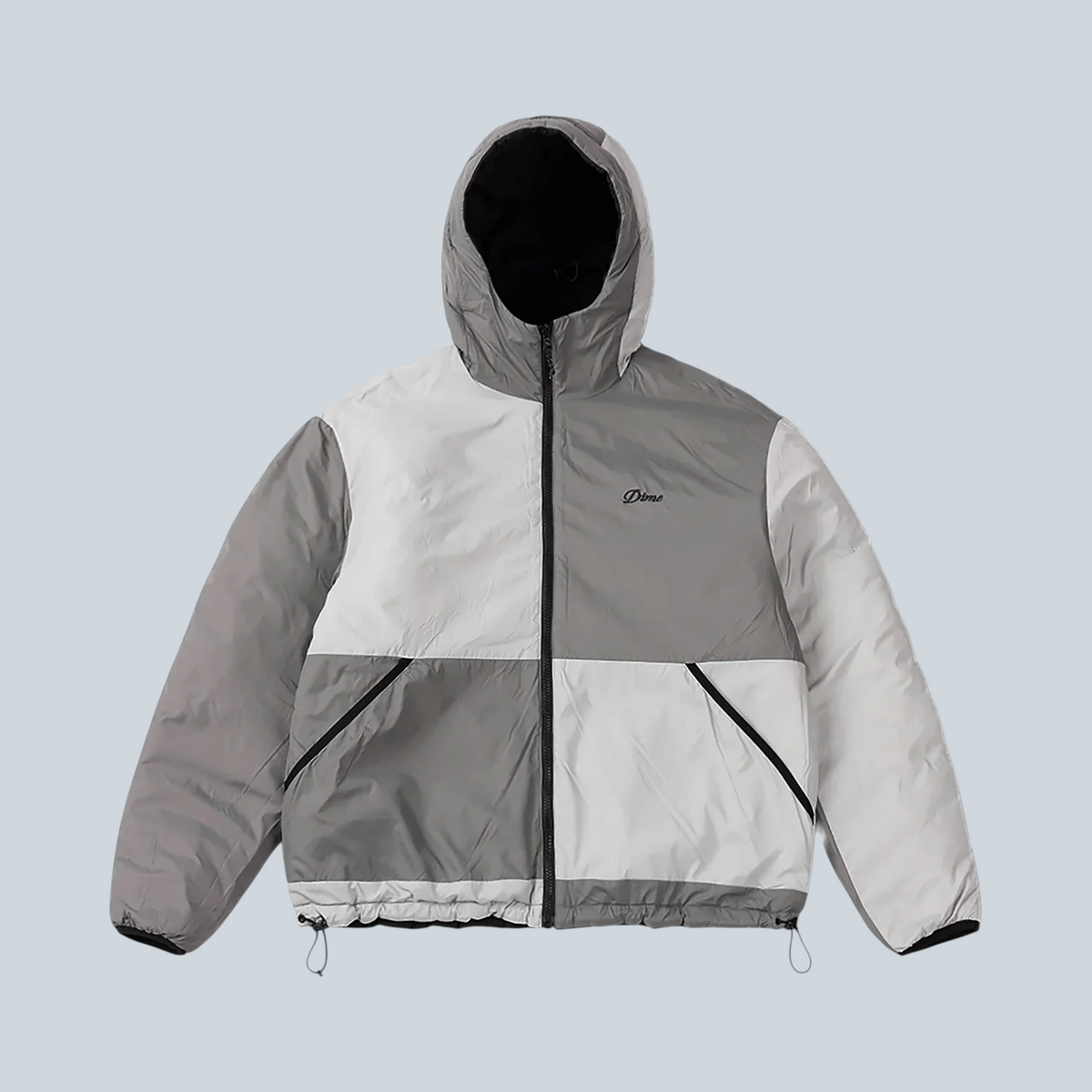 Veste isolante réversible Saison Dime noire et grise avec capuche, fermeture éclair complète et poches latérales