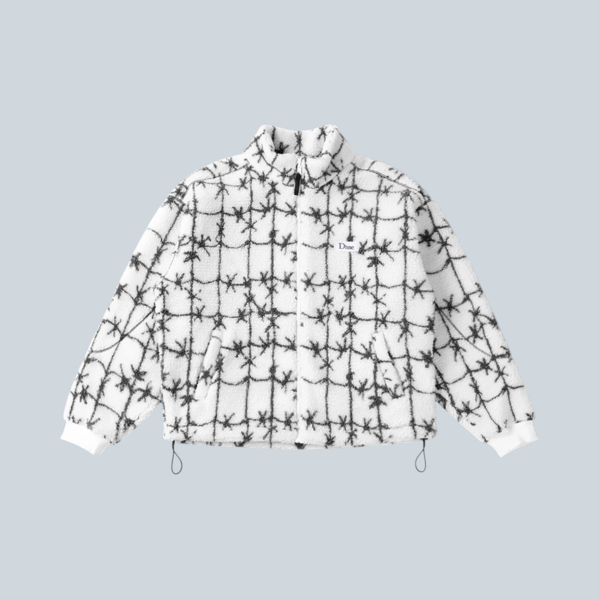 Veste zippée Saison Dime en polaire sherpa blanche avec motif de fil barbelé noir et col montant