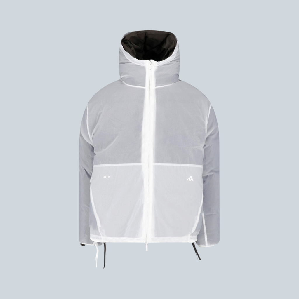 Doudoune matelassée Saison adidas x Arte Antwerp bicolore blanc cassé et gris avec capuche et fermeture zippée