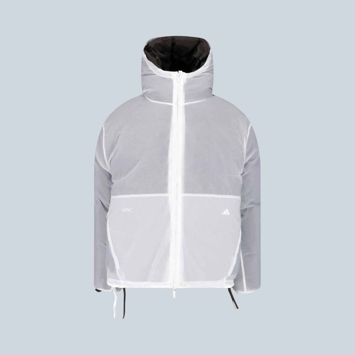 Doudoune matelassée Saison adidas x Arte Antwerp bicolore blanc cassé et gris avec capuche et fermeture zippée