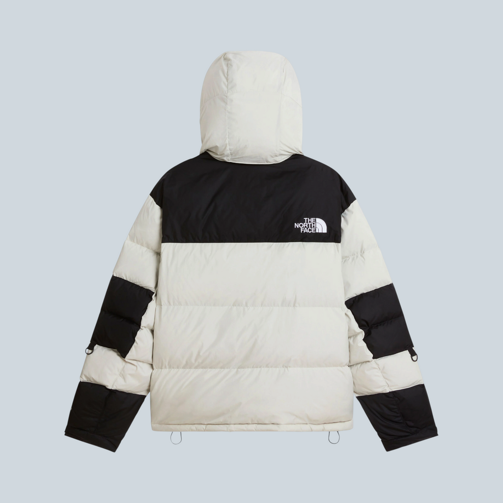 Doudoune Saison Himalayan Baltoro blanche et noire avec capuche, vue arrière, en nylon recyclé déperlant
