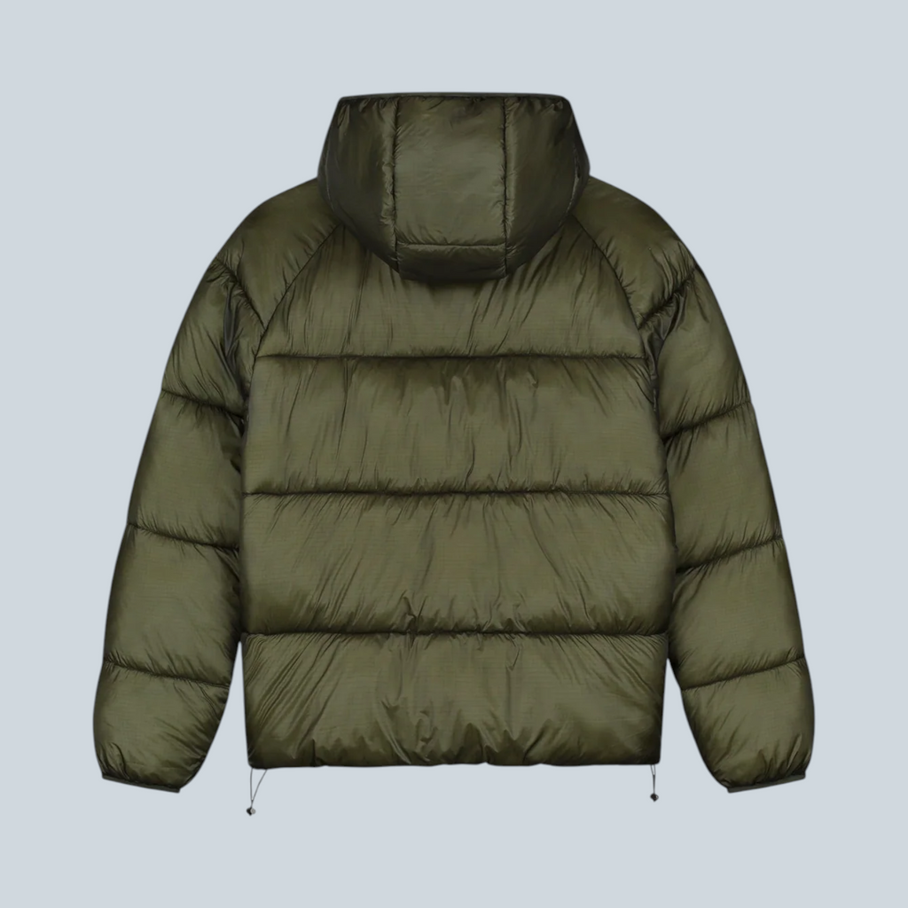 Vue arrière de la doudoune Saison à capuche en nylon ripstop vert avec matelassage horizontal