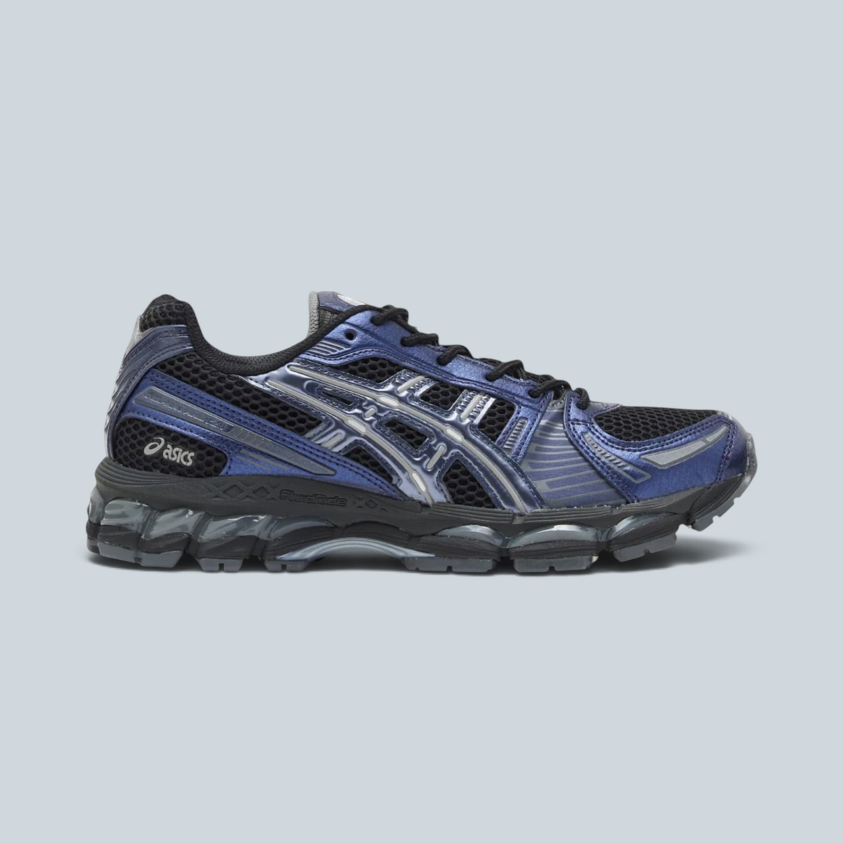 Baskets Saison GEL-KAYANO 12.1 noires et grises avec tige en mesh respirant et amorti GEL technique