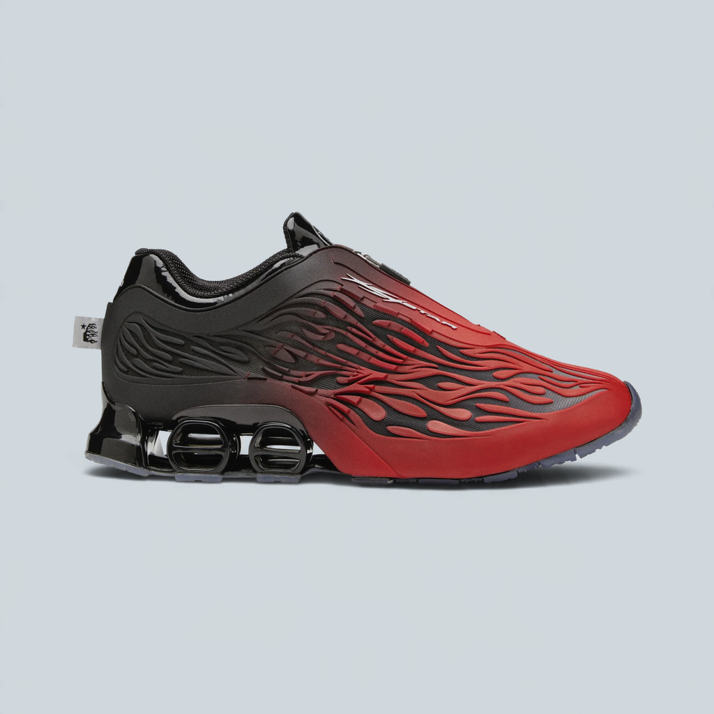 Chaussure de running Saison Hellstar x adidas Megaride S en mesh rouge et noir avec semelle à tunnels