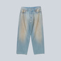 Jean baggy Saison taille haute en denim bleu clair délavé avec reflets ocre et coupe large droite