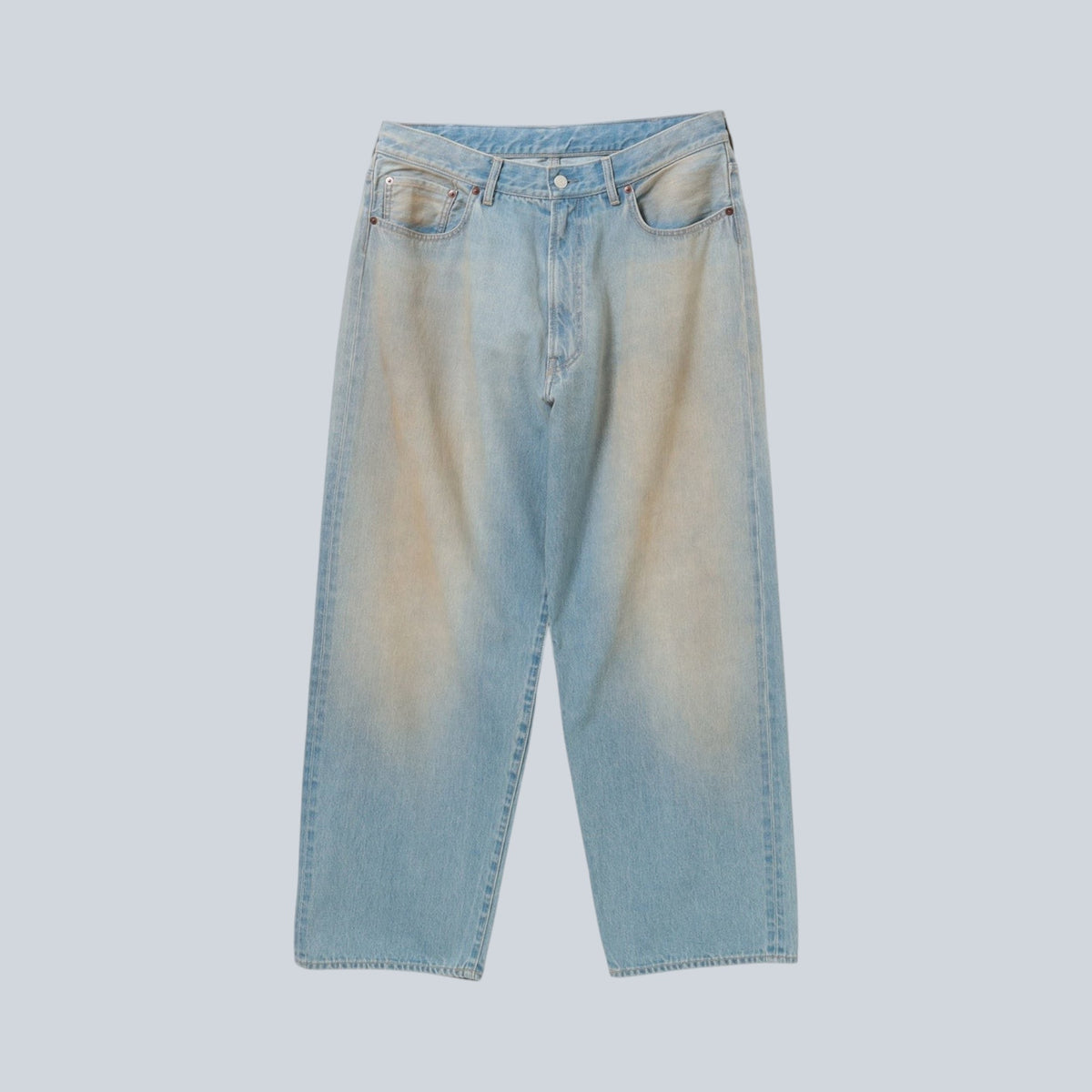 Jean baggy Saison taille haute en denim bleu clair délavé avec reflets ocre et coupe large droite