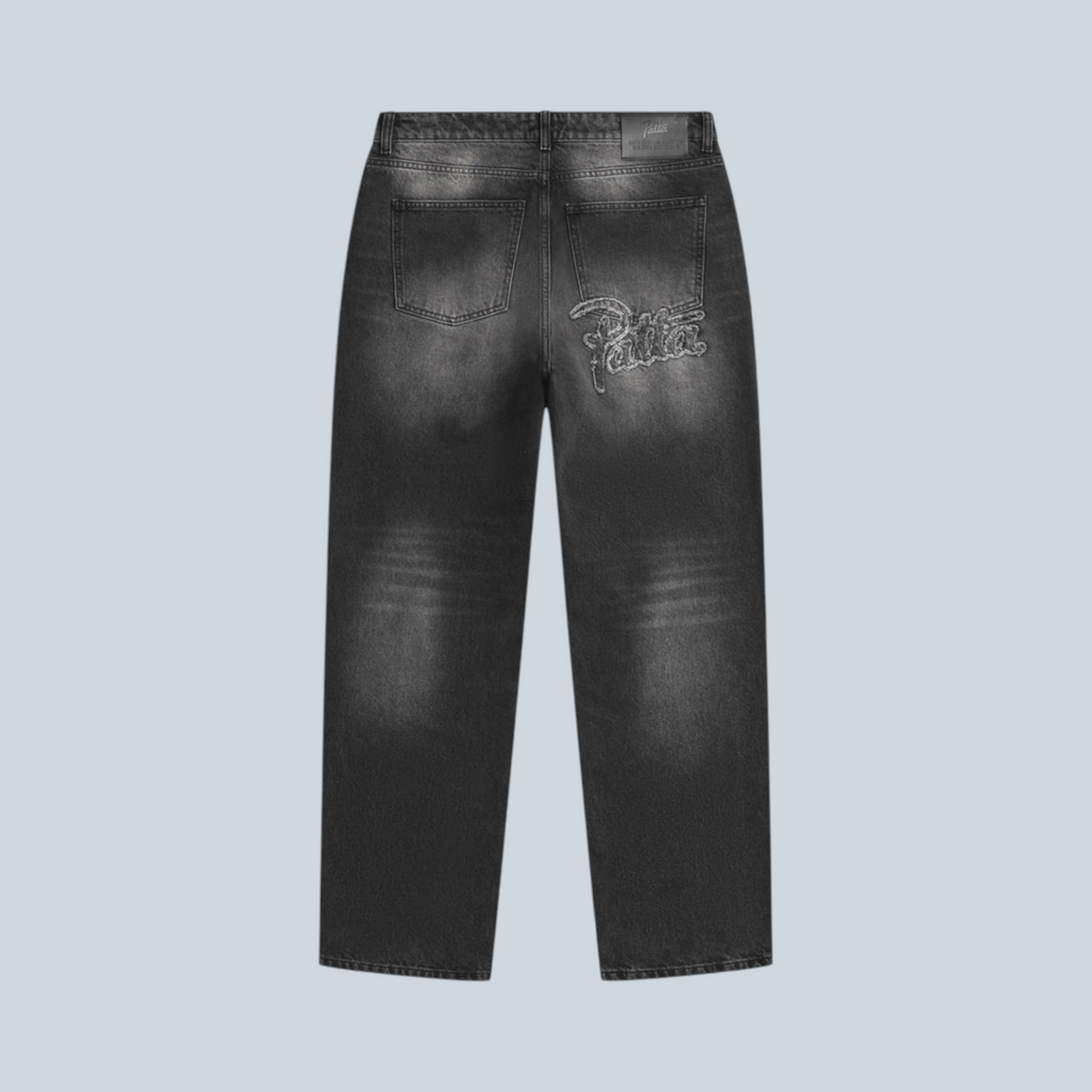 Jean baggy Saison en denim noir délavé avec effet whiskers et broderie logo au dos