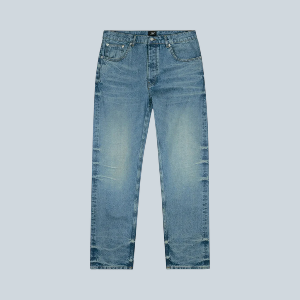 Jean droit Saison Aqua Whiskers en denim bleu délavé avec détails d'usure caractéristiques